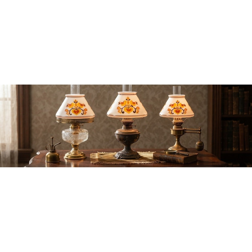 Vintage Milk Glass Lamp Shade Set 3 Pennsylvania Dutch Bird Heart Folk Art 10in